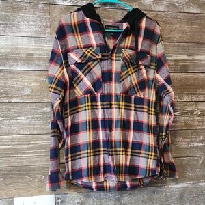 Hooded Plaid Shirt - Red, Blue, Yellow size small